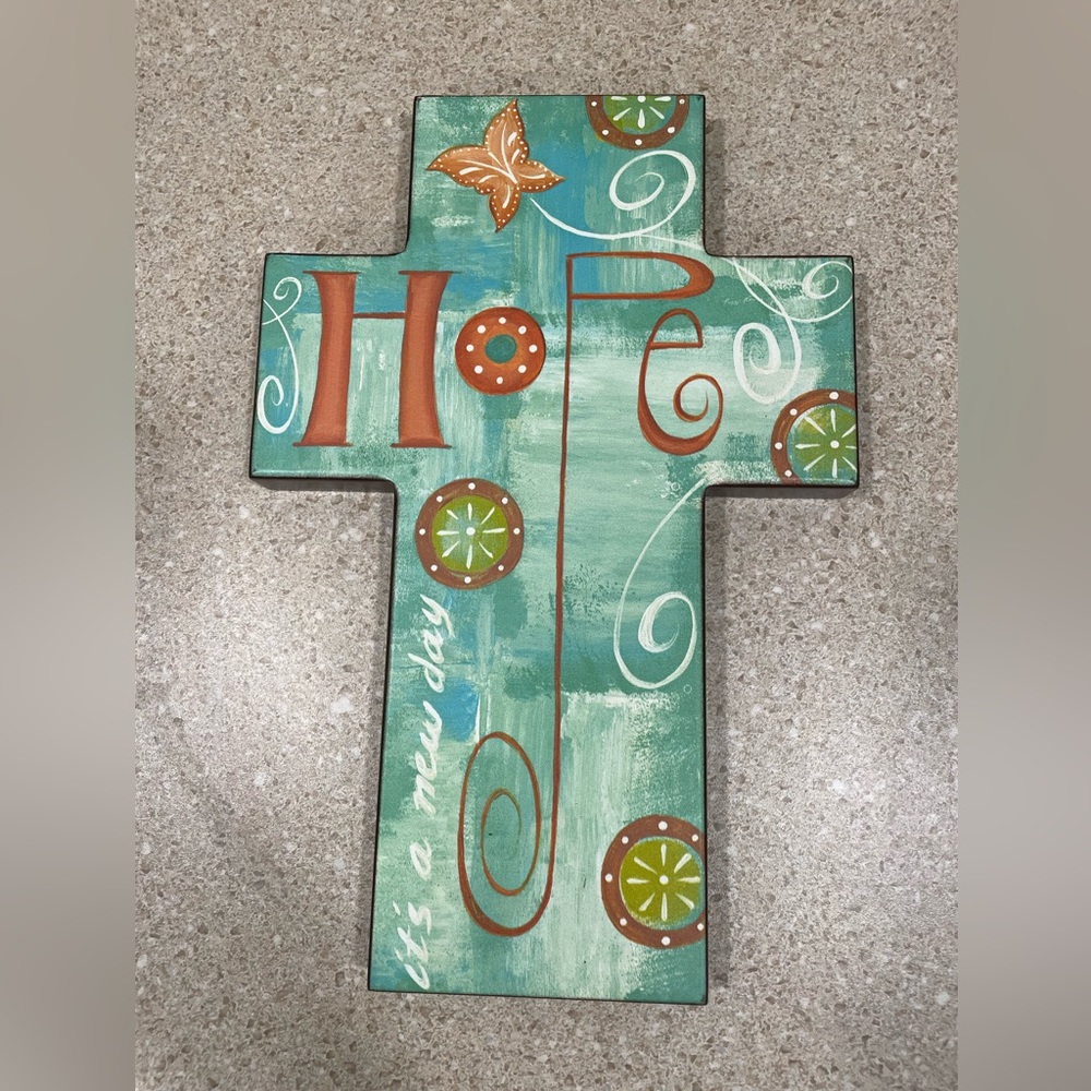 Teal Hope Cross Wall Hanging by Deb Hrabik
